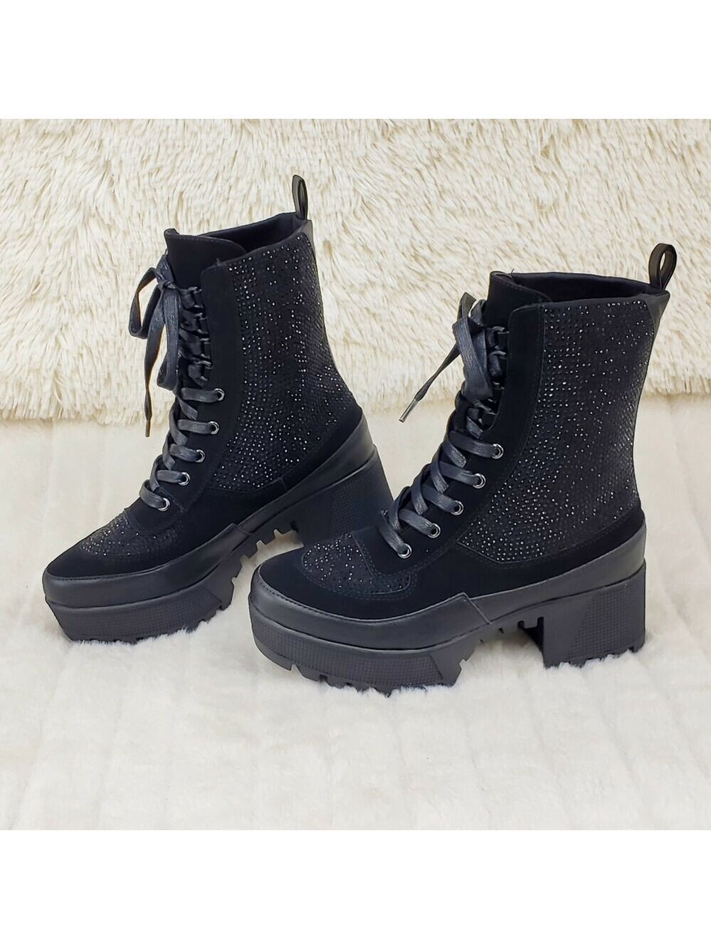 NIB Diva Shine Black Rhinestone Lace Up Platform Combat Ankle Boots
